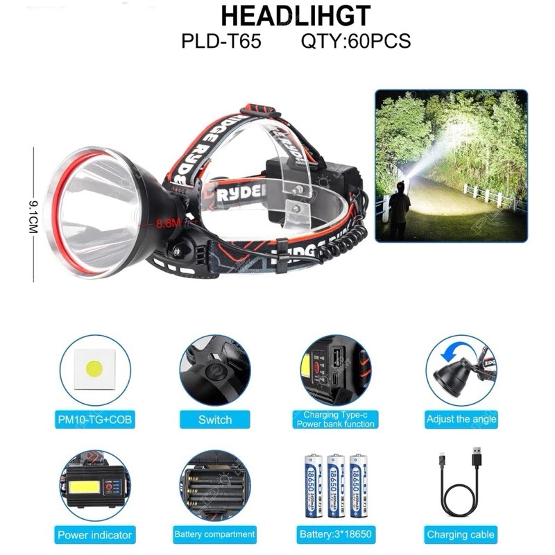 Senter Kepala LED Laser 250W Baterai 3PCS x 6800mAh Type 18650=20400mAh 5 Mode Cahaya + SOS Warna Me