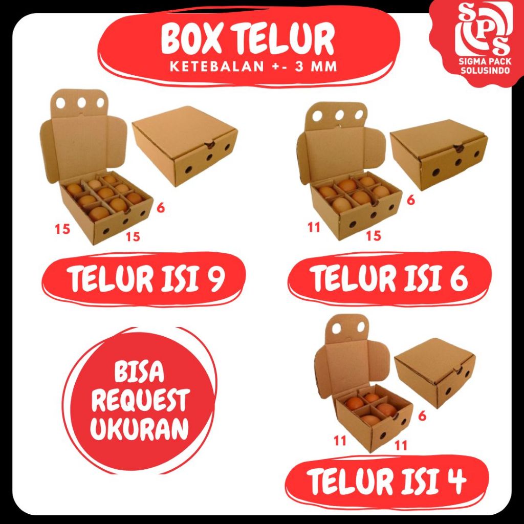 

Box Telur 15x15x6 LD / 15x11x6 LD / 11x11x6 LD Kardus Telur Isi 4/6/9 Tray Telur Asin