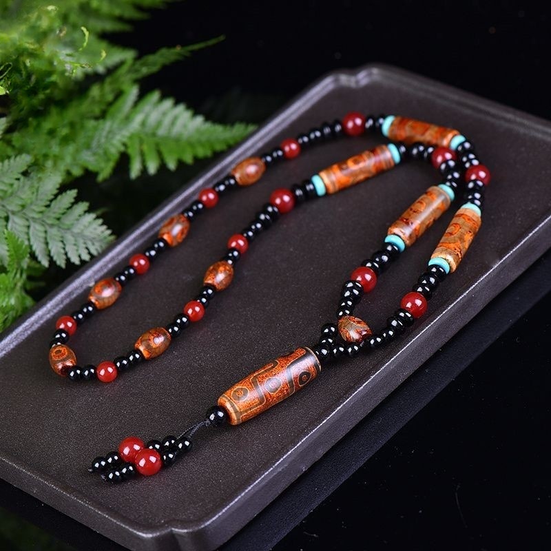 Tibetan Weathered Old Agate Nine-Eyed Dzi Bead Necklace
