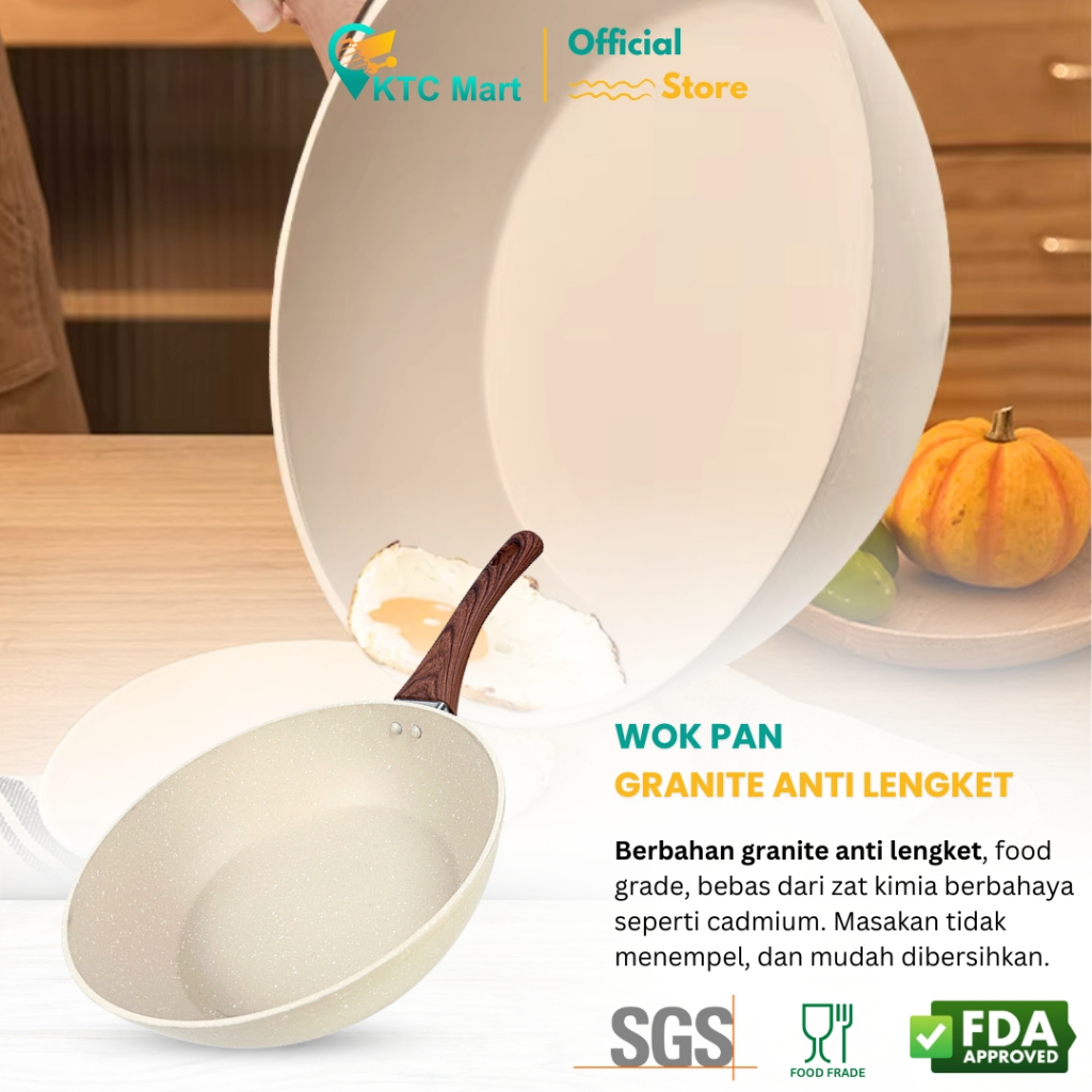 OBLEROME Deep Pan Marble Granite 24 CM Wajan Granite Anti Lengket Wok Pan Granite Premium Cookware