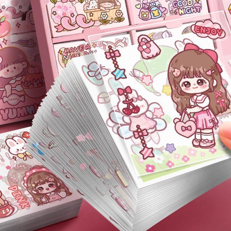 

100 buah stiker akun tangan non-berulang kotak hadiah karakter kartun gadis cantik hewan peliharaan bahan dekorasi stiker akun tangan tahan air