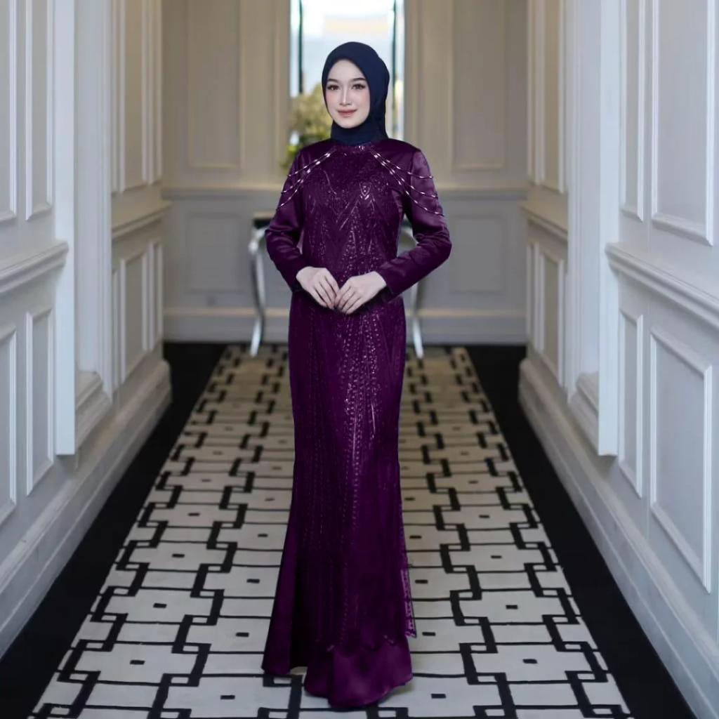 Dress Pesta INAYAH Gamis kondangan wanita elegan Velvet mix brukat plus payet Dress pesta wedding me