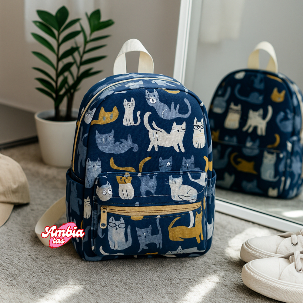 AMBIA Tas Ransel Wanita Mini Backpack Tas Sekolah Cewek Kecil Bahan Kanvas Motif