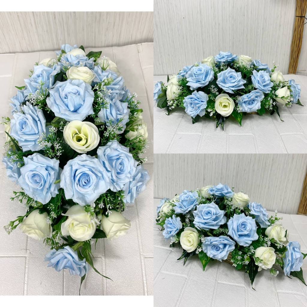 Bunga Meja Oval Ros Mekar Biru Mix Ros Lipat Sedang Pot Keranjang