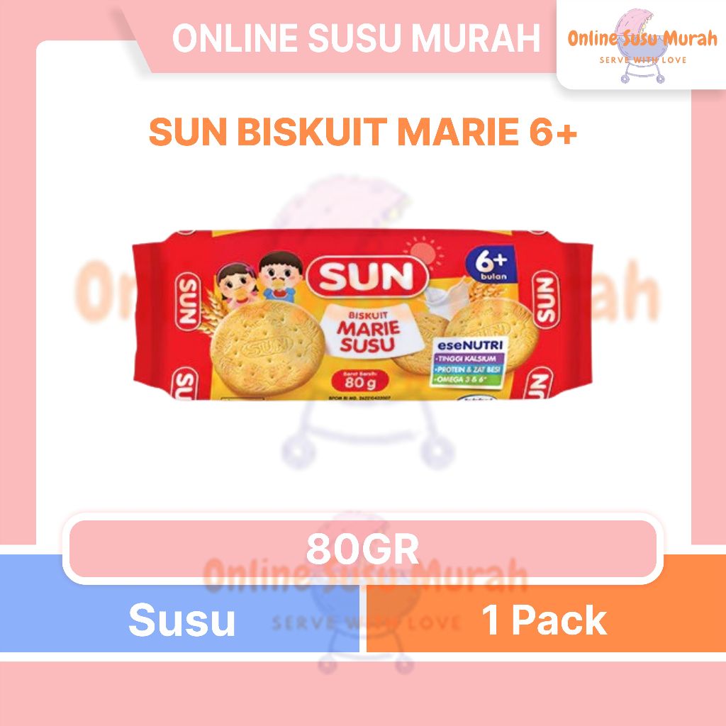 SUN BISKUIT MARIE SUSU 80GR 6 + USIA 6 BULAN KE ATAS BISCUIT SNACK BAYI 80 GR 6+ PRLA