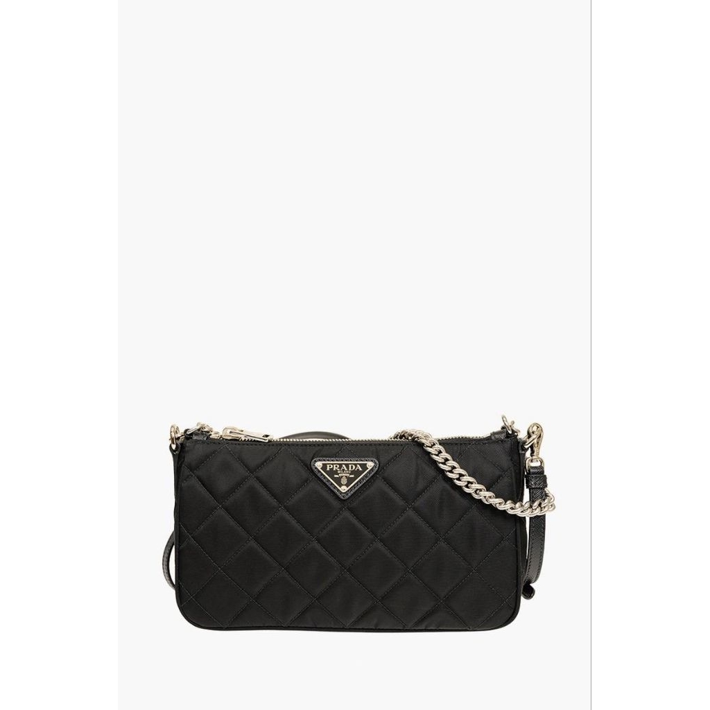 PRADA Quilted Tessuto Chain Crossbody Bag in Black Nylon