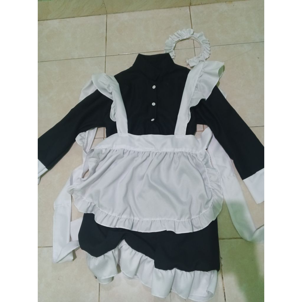 Baju Costume Cosplay Maid Pelayan Preloved Second Jumbo Murah Bando Bandana Apron Panjang Hitam Puti