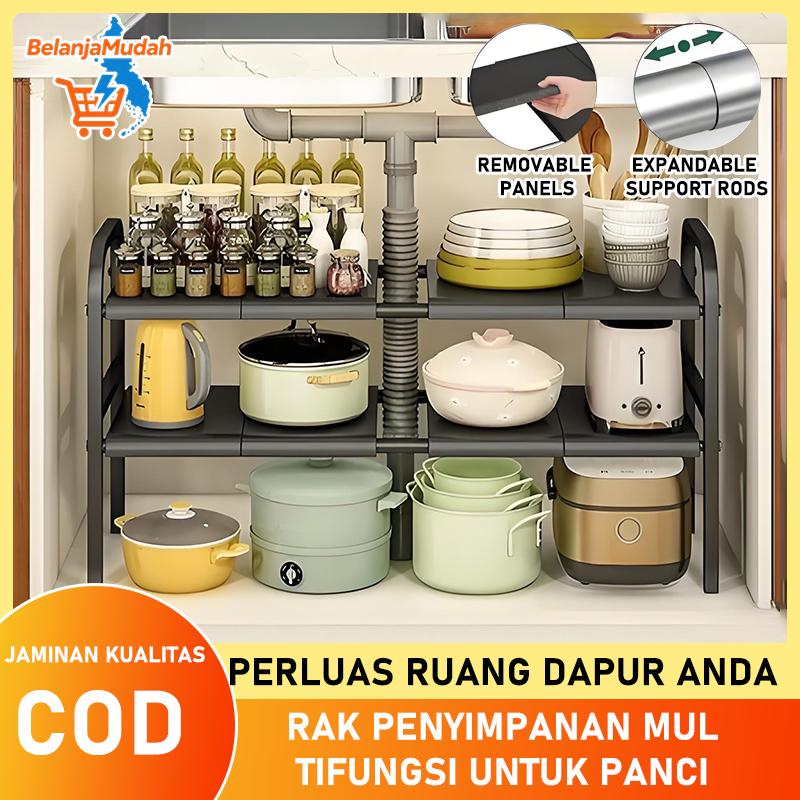 Rak Dapur Serbaguna Rak Kolong Dapur Stainless Steel Rak Panci Bawah Wastafel Rak Penyimpanan Dapur