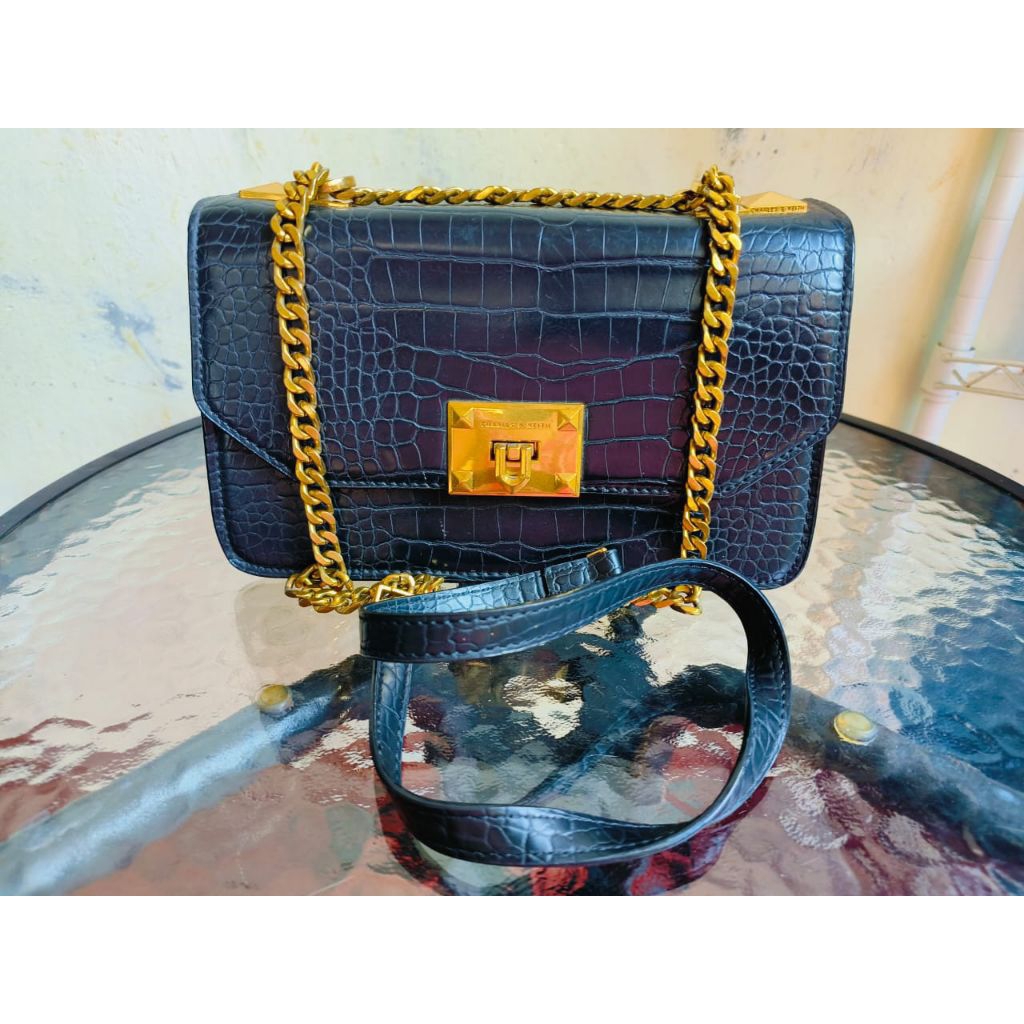 Charles & Keith Black Croco Chain Bag ORI