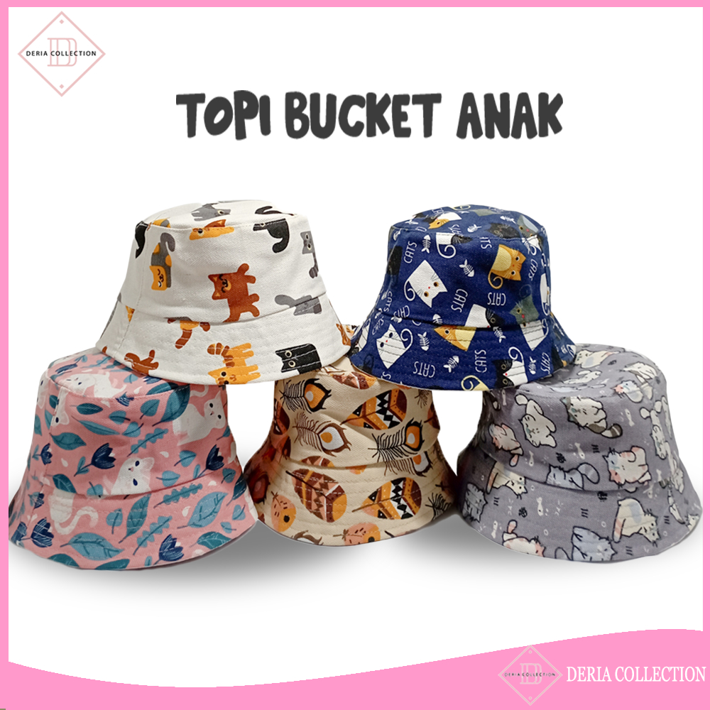 Topi Bucket Anak Motif Warna Warni Bahan Kanvas Pakai Tali Perempuan Laki Laki Buket Karakter Gambar