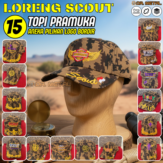 Topi Pramuka Loreng Scout Digital Bordir Lapangan Bahan ripstok Tali Belakang Strap Rel Aneka Model 