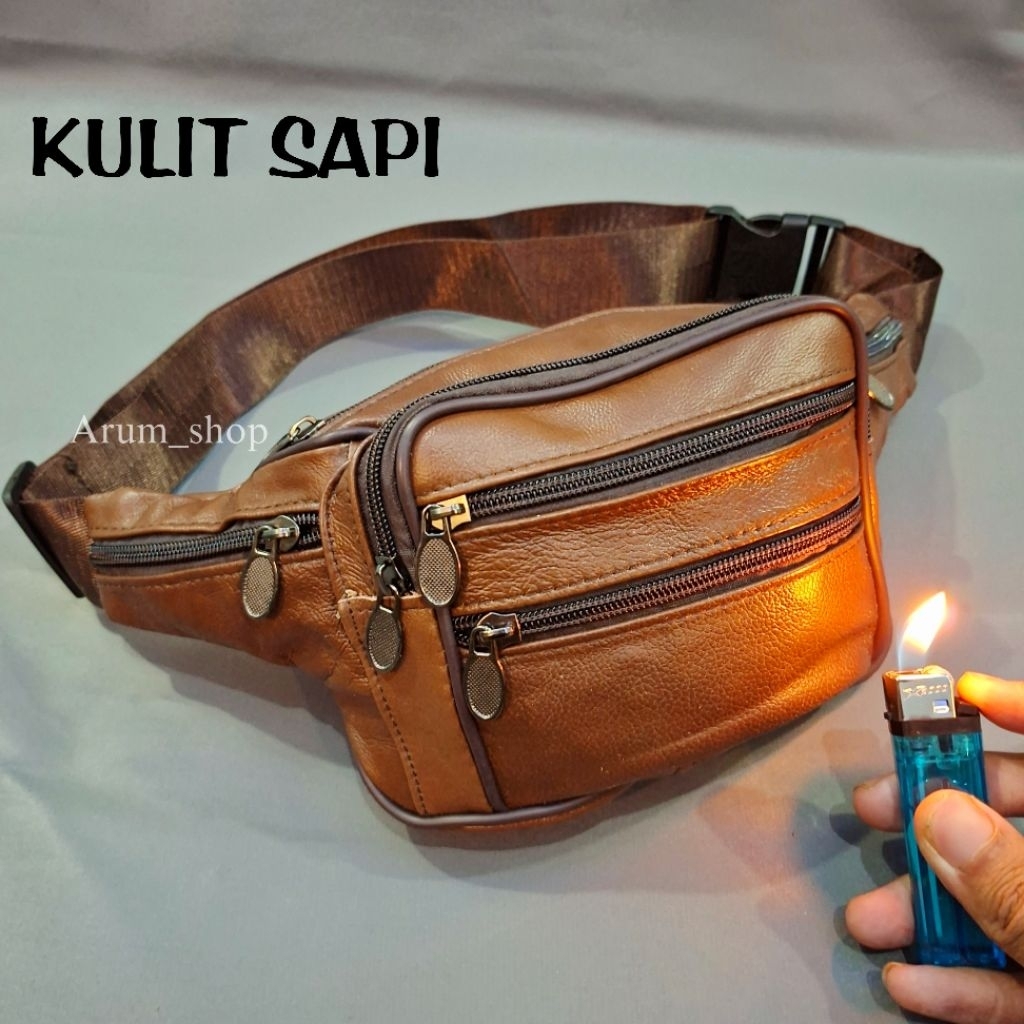 Tas pinggangselempang Mini kecil pria full kulit asli 7 kantong resleting