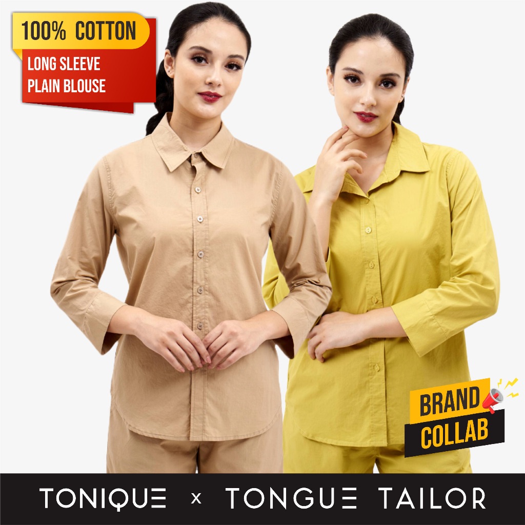 TONIQUE Kemeja Wanita Katun Lengan Panjang Reguler Fit SAINT & Celana Katun LAURENT Warna Beige, Mus