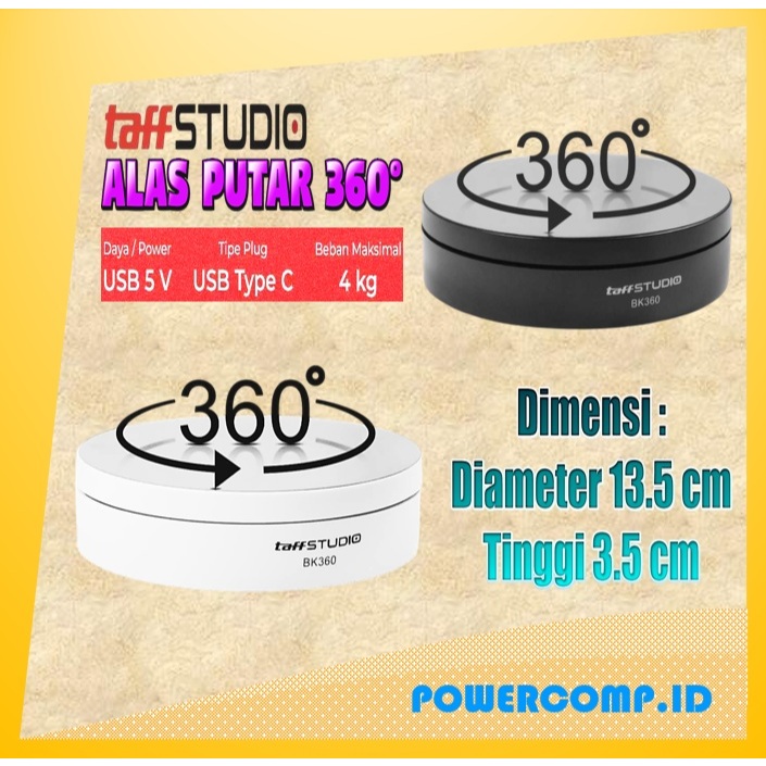 Meja Putar Fotografi 360° TaffSTUDIO 13.5cm Mirror | Alas Display Otomatis USB Type C | Daya 5V, Beb