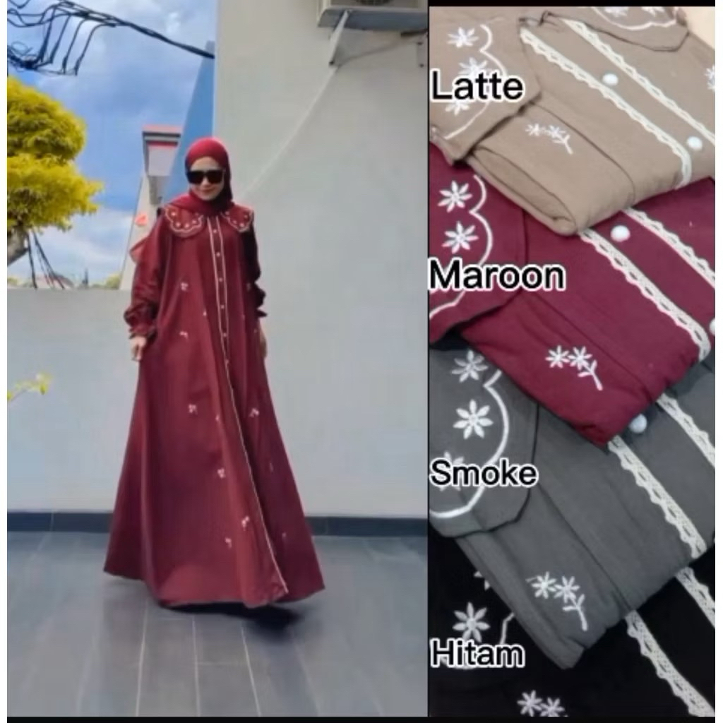 gamis bordir bunga kerah