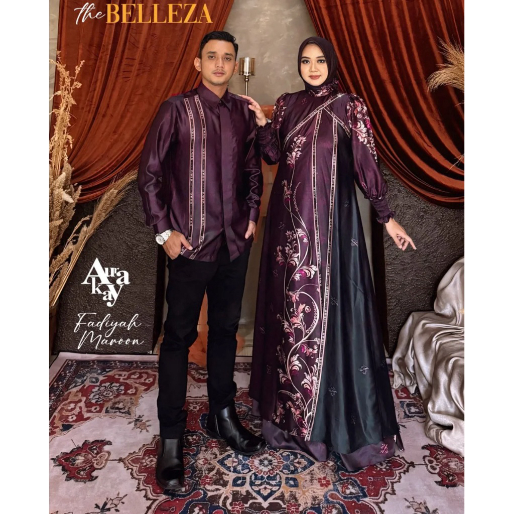 Gamis syari brand Aurakay set couple aurakay brand Aurakay seri Fadiyah Maroon set sracf