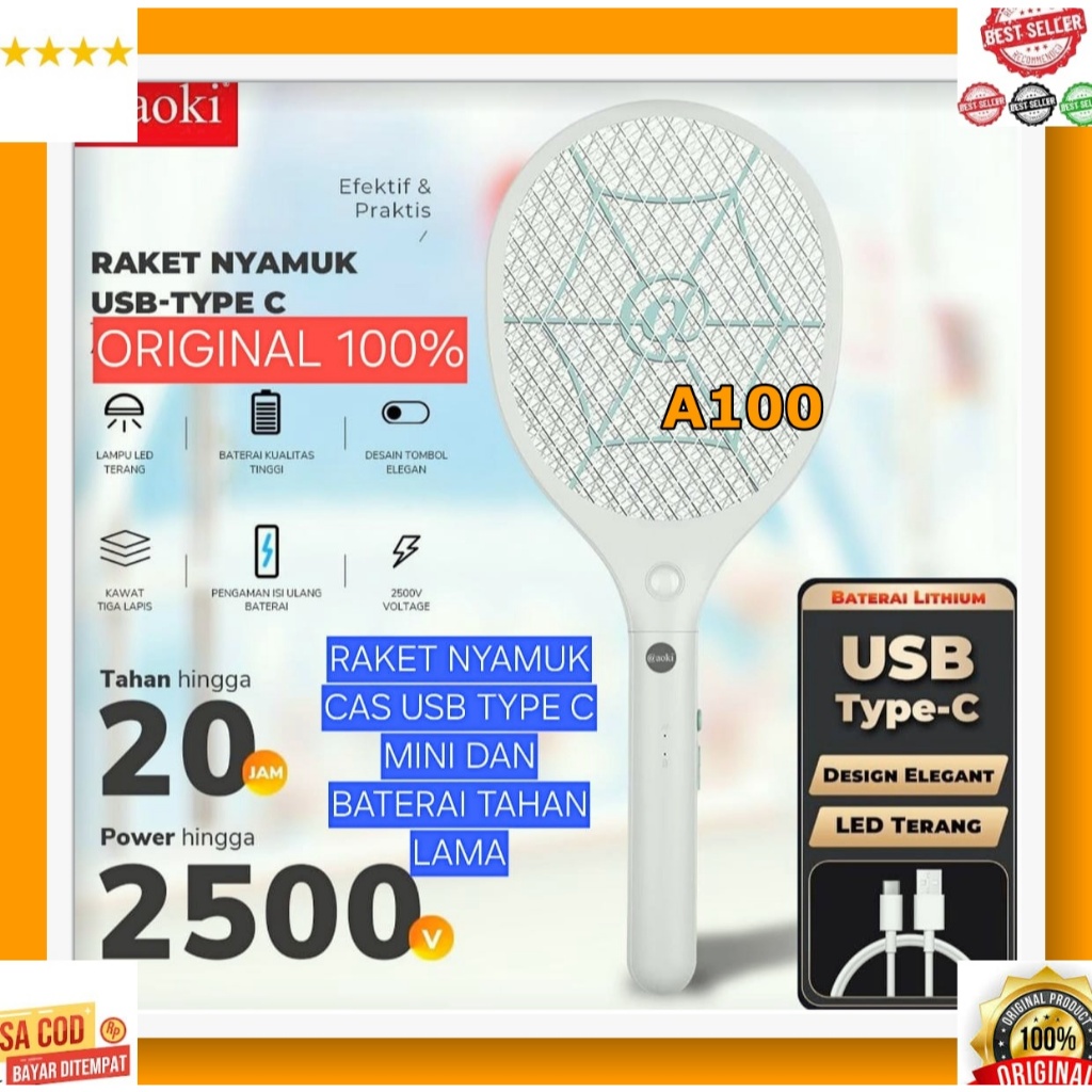 A100 Raket nyamuk USB TYPE TIPE C INPUT CAS CASAN LAMPU SENTER Aoki 100% ori membasmi basmi serangga
