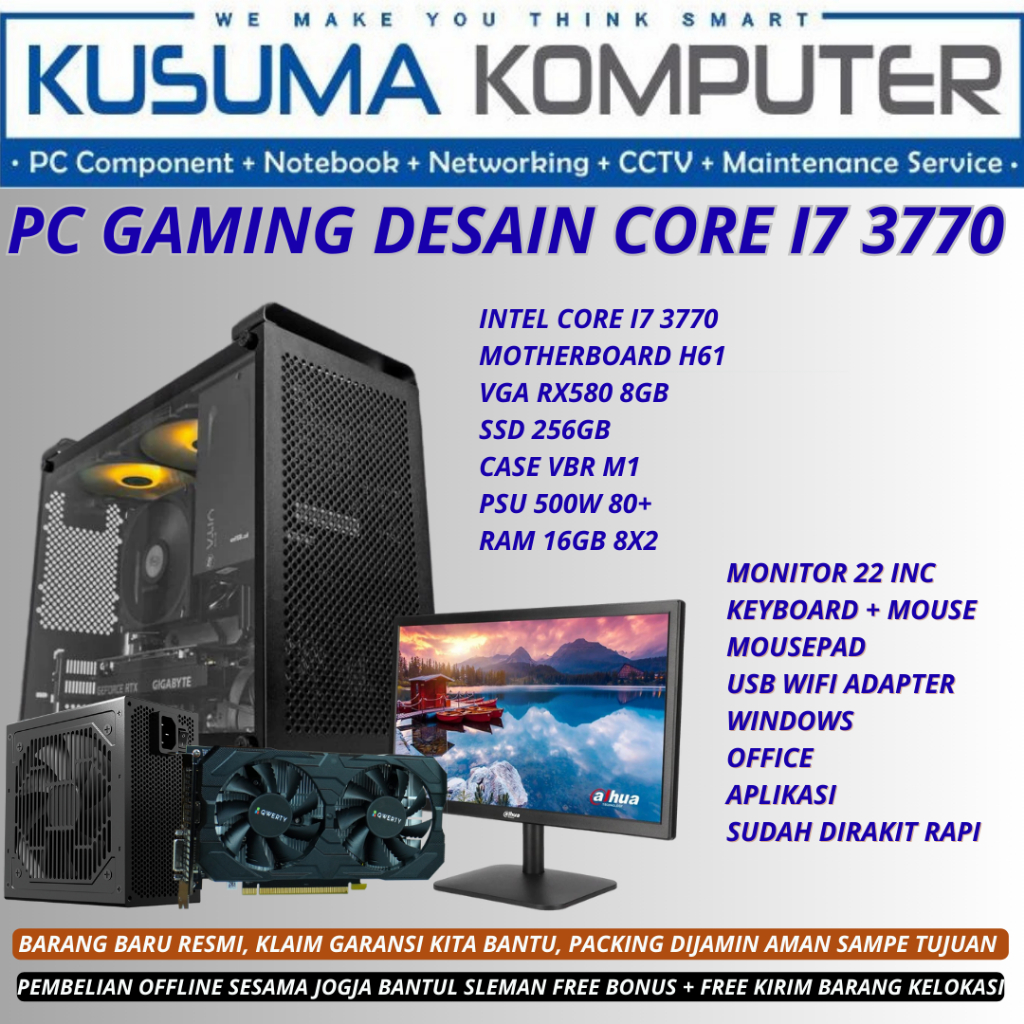 Fullset PC Gaming Desain intel Core i7 3770 VGA RX580 8GB Monitor 22"
