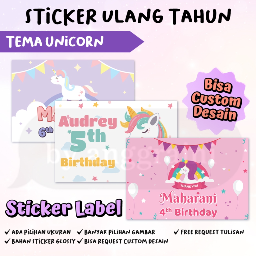 Sticker Ulang Tahun Tema UNICORN - Stiker Label Kotak Nasi Bento - Ultah Anak - Stiker aqiqah tedhak