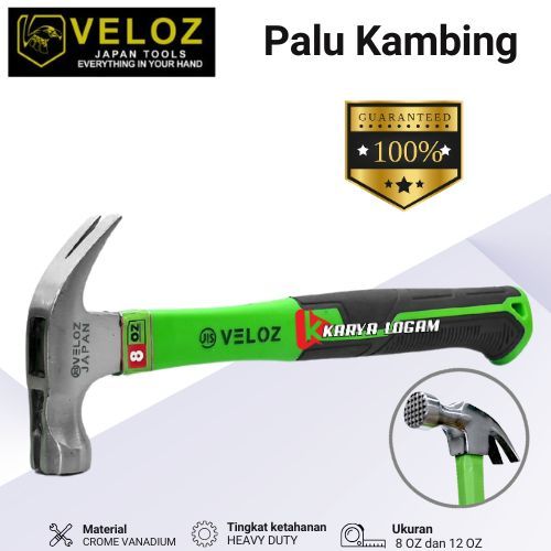Veloz Japan Palu Kambing Gagang Fiber 12 OZ 8 OZ Claw Hammer Cabut Paku Martil