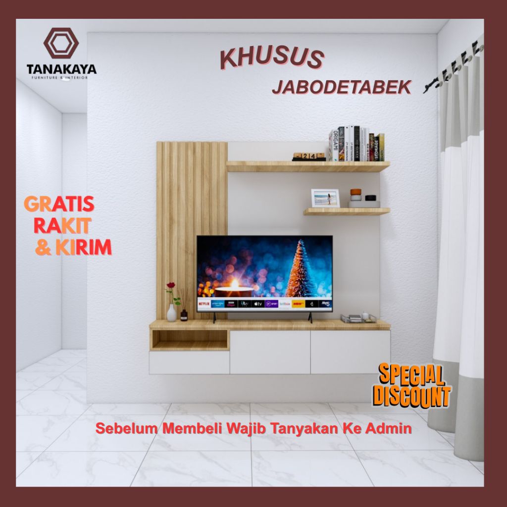 BACKDROP TV RAK DINDING MODERN & MINIMALIS - HPL TACO KAYU BLOCKBOARD - INTERIOR BEKASI