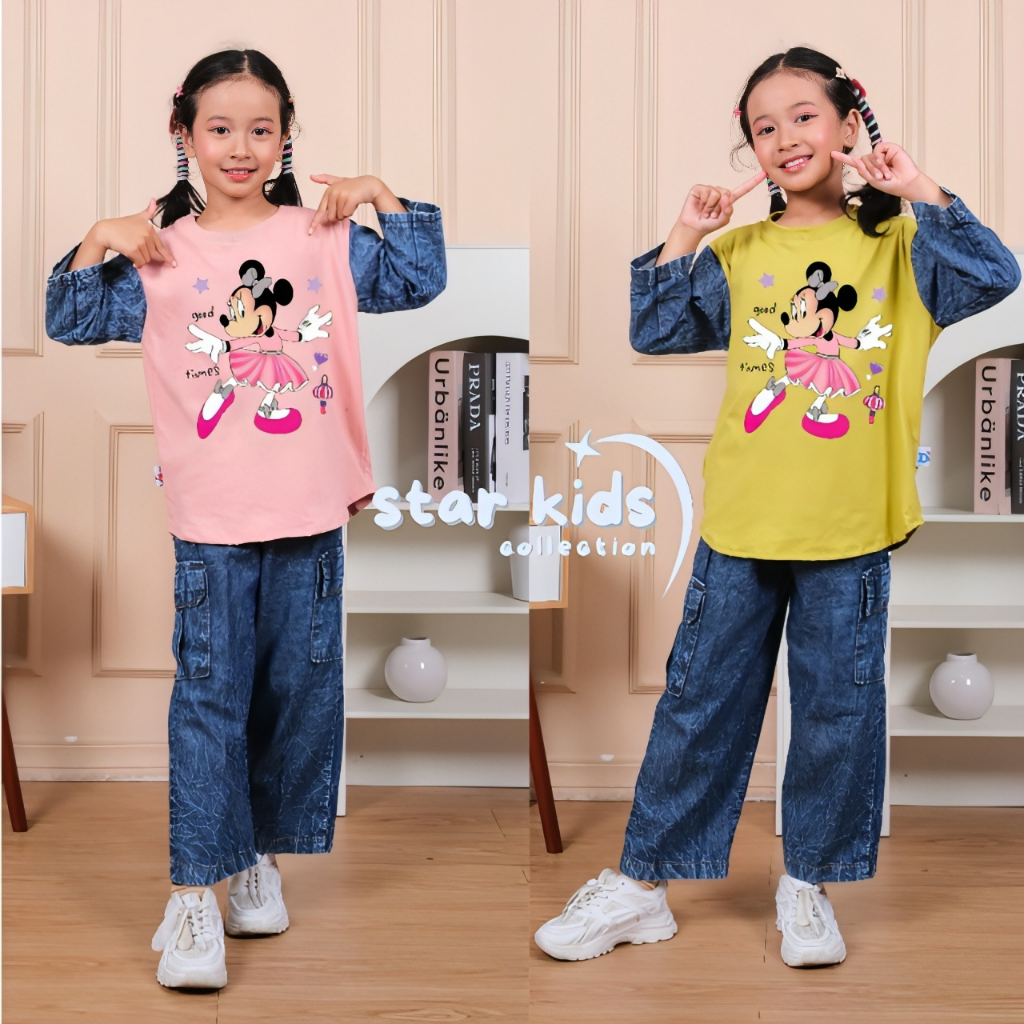 baju anak levis motif mikey stelan cargo anak perempuan 3-14 tahun  anak tanggung stelan  anak