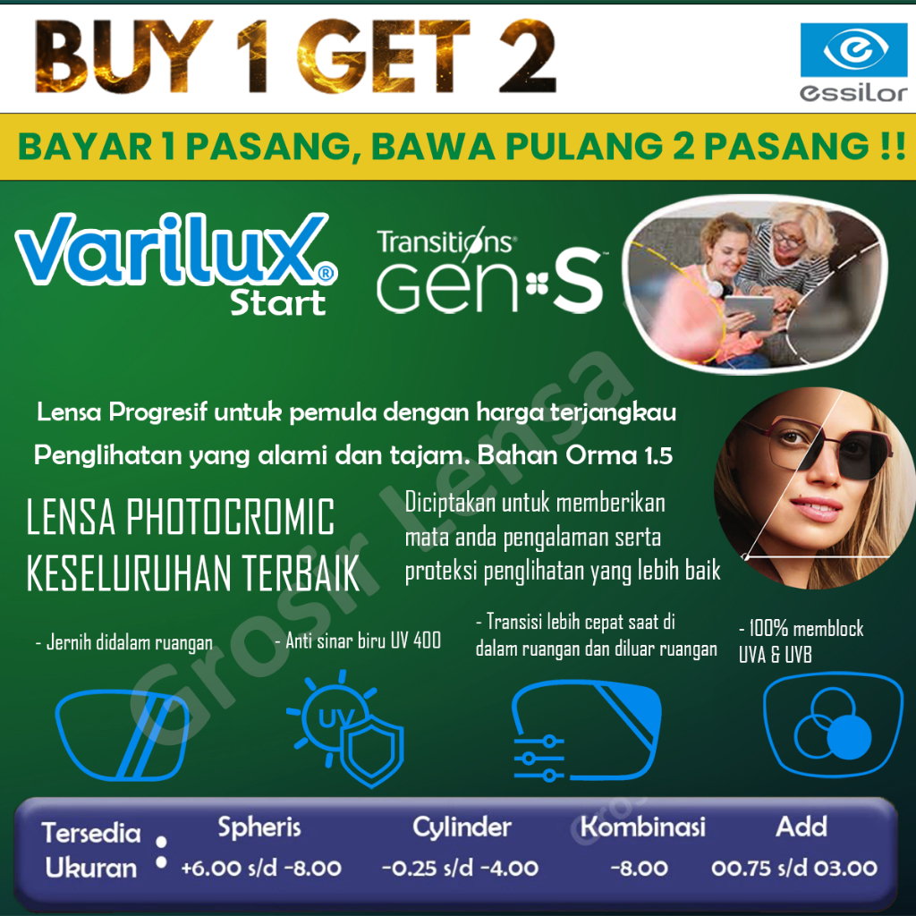 Lensa kacamata Essilor Progresif VARILUX START ORMA 1.5 TRANSITION GEN S GREY GARANSI RESMI ESSILOR 