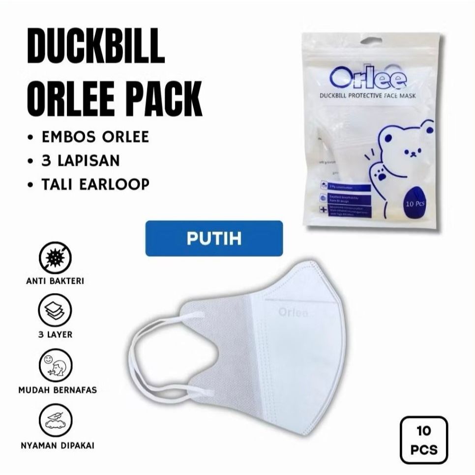 ORLEE - Masker Duckbill Putih isi 10 / Face Mask Earloop Duckbill Orlee isi 10