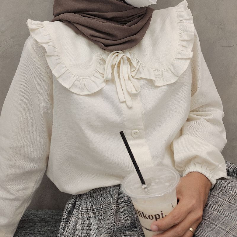 Blouse Wanita Elegan Modis Kekinian Casual Polos Korea Style Collar Linen Fashionable RIBBON Kemeja 