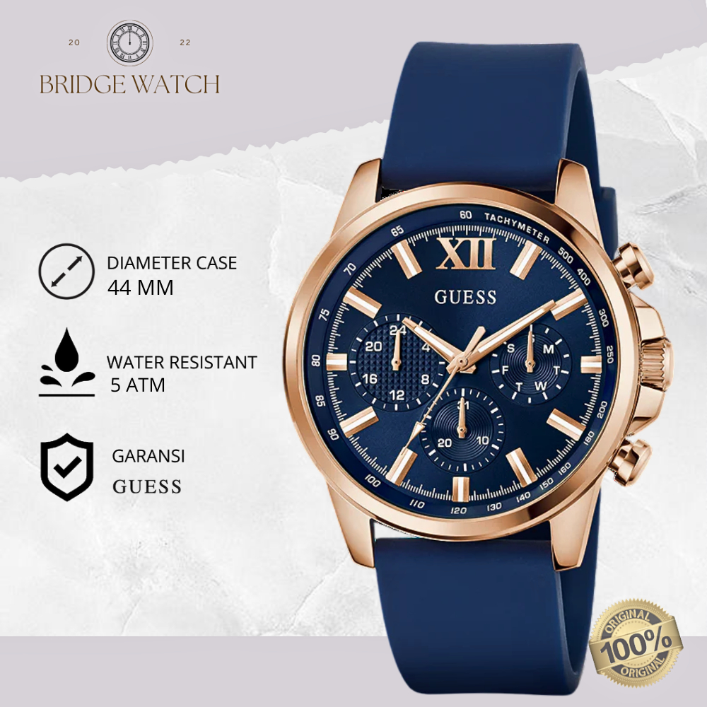 Jam Tangan Pria Guess GW0913G1 Chronograph Blue Dial Rosegold Case Blue Rubber Strap Biru Mewah Casu