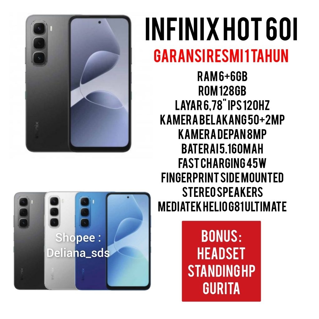 Infinix Hot 60i 6/128 6+6/128 12/128 Garansi Resmi 1 Tahun Infinix Hot 60i 6+6/128 Infinix Hot 60i 1