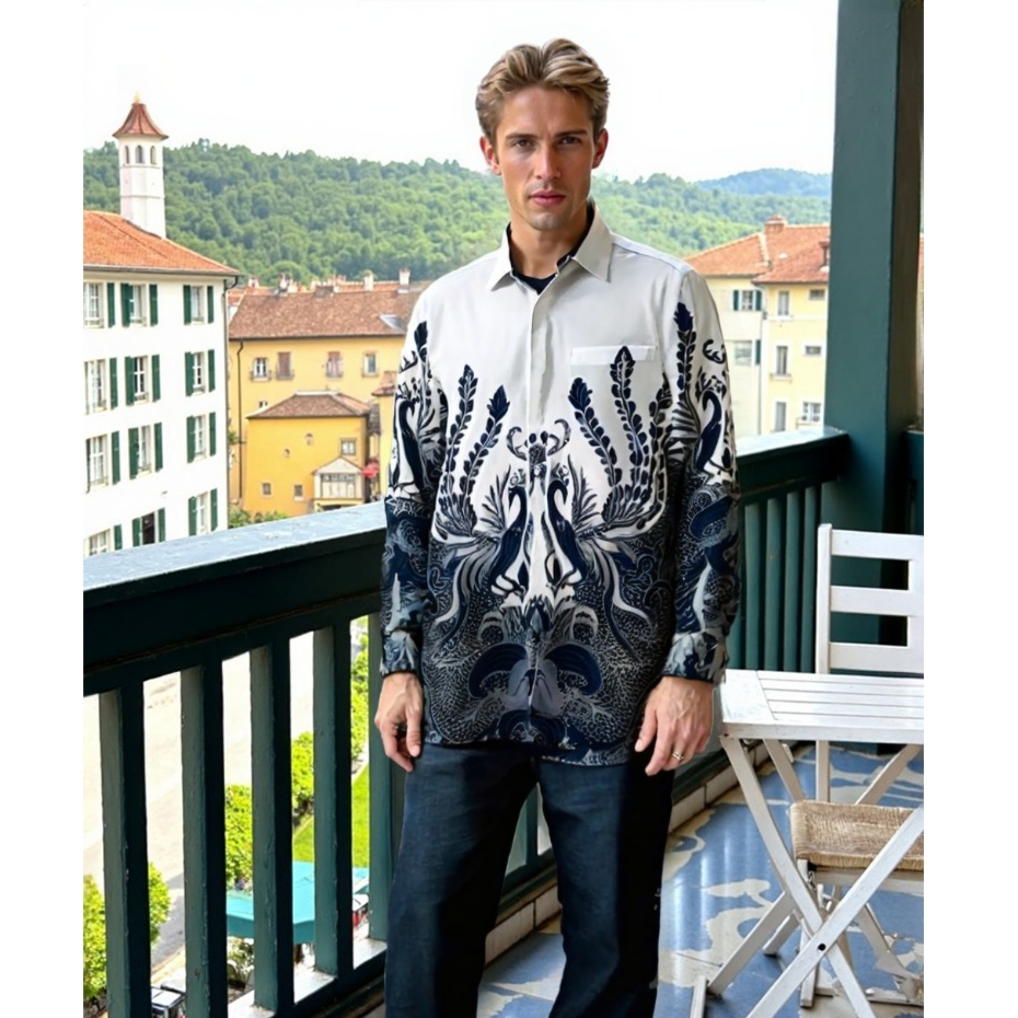 BENHILL Kemeja Pria Batik Modern Lengan Panjang Cotton White A324-361