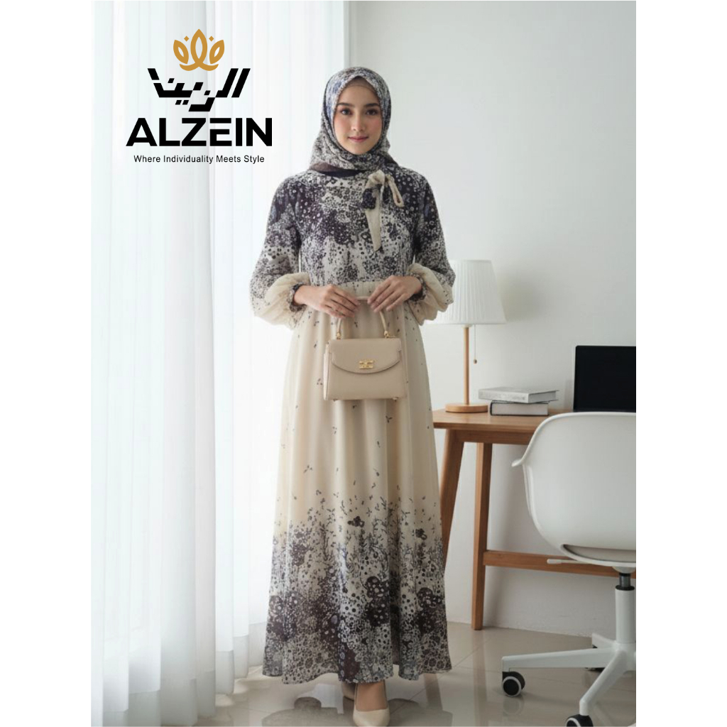 Zakia Dress Alzein Gamis Syar’i Motif Printing Premium Elegan Set Hijab Wanita Muslimah