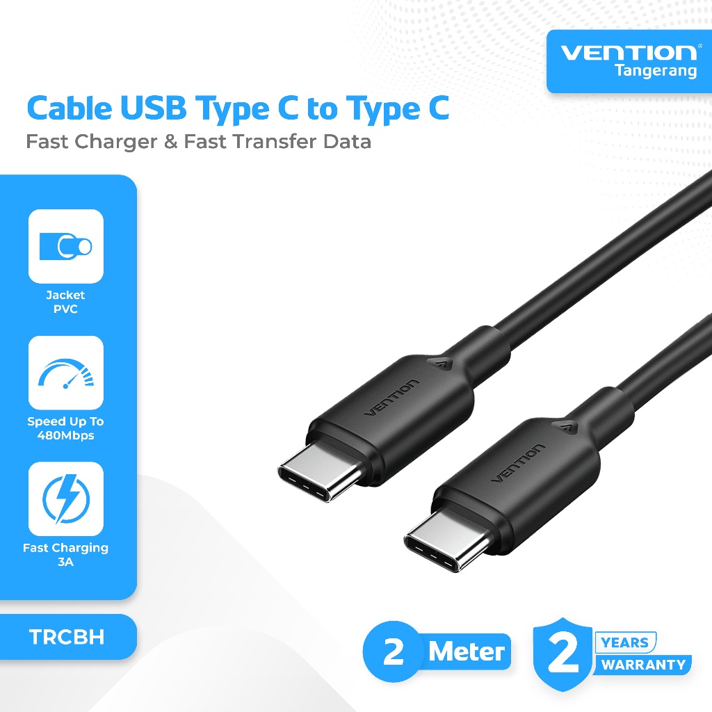 Vention Kabel Charger Data Type C to Type C 3A PD Fast Charging 60W Charger Cable 2M 2 Meter Black -