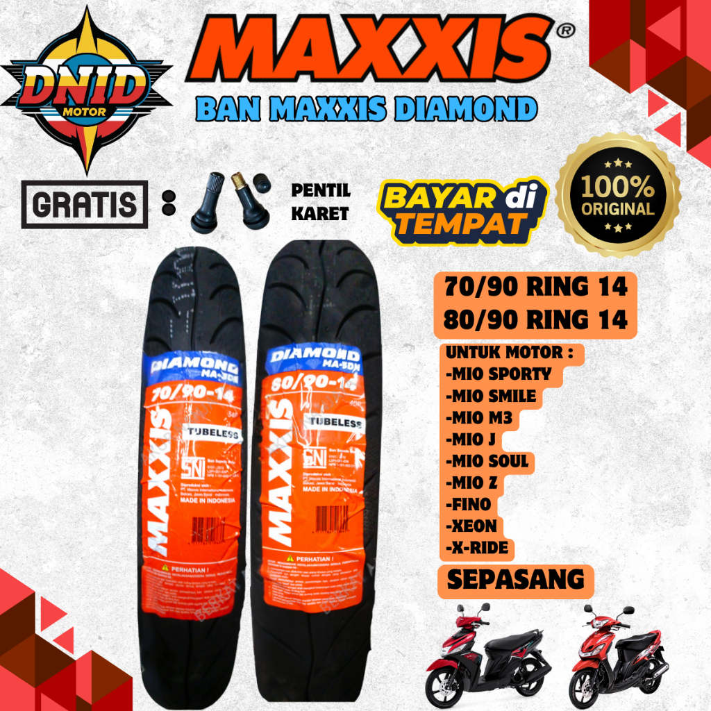 PAKET SEPASANG TERMURAH BAN MAXXIS DIAMOND TUBELESS ( 70/90-14 / 80/90-14) BAN MOTOR MATIC MIO SPORT