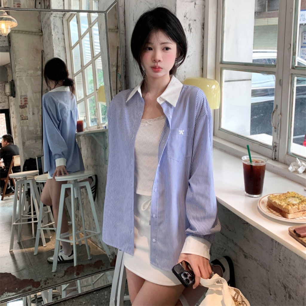 Kemeja Oversize Garis Biru Putih Casual Look K059