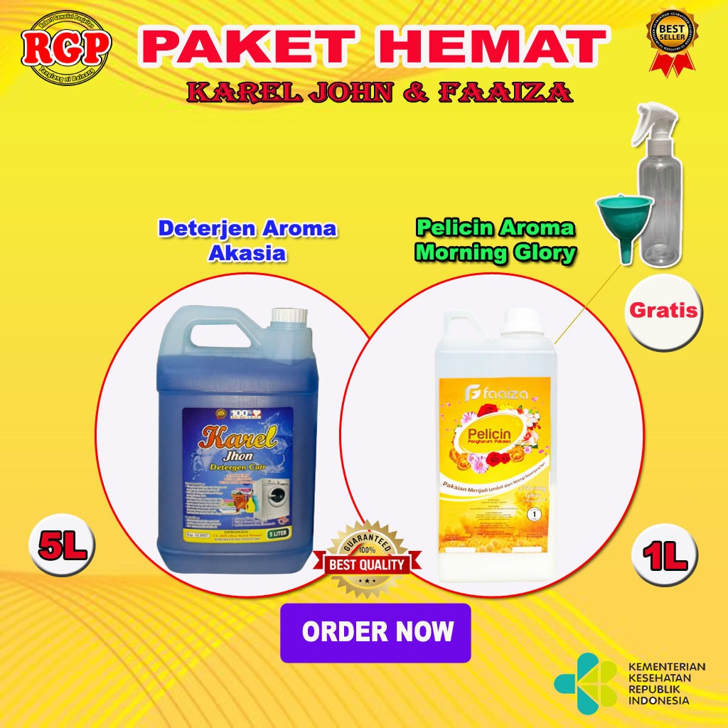 Paket Hemat Karel John Deterjen Cair Aroma Akasia 5Liter & Faaiza Pelicin Pakaian 1Liter