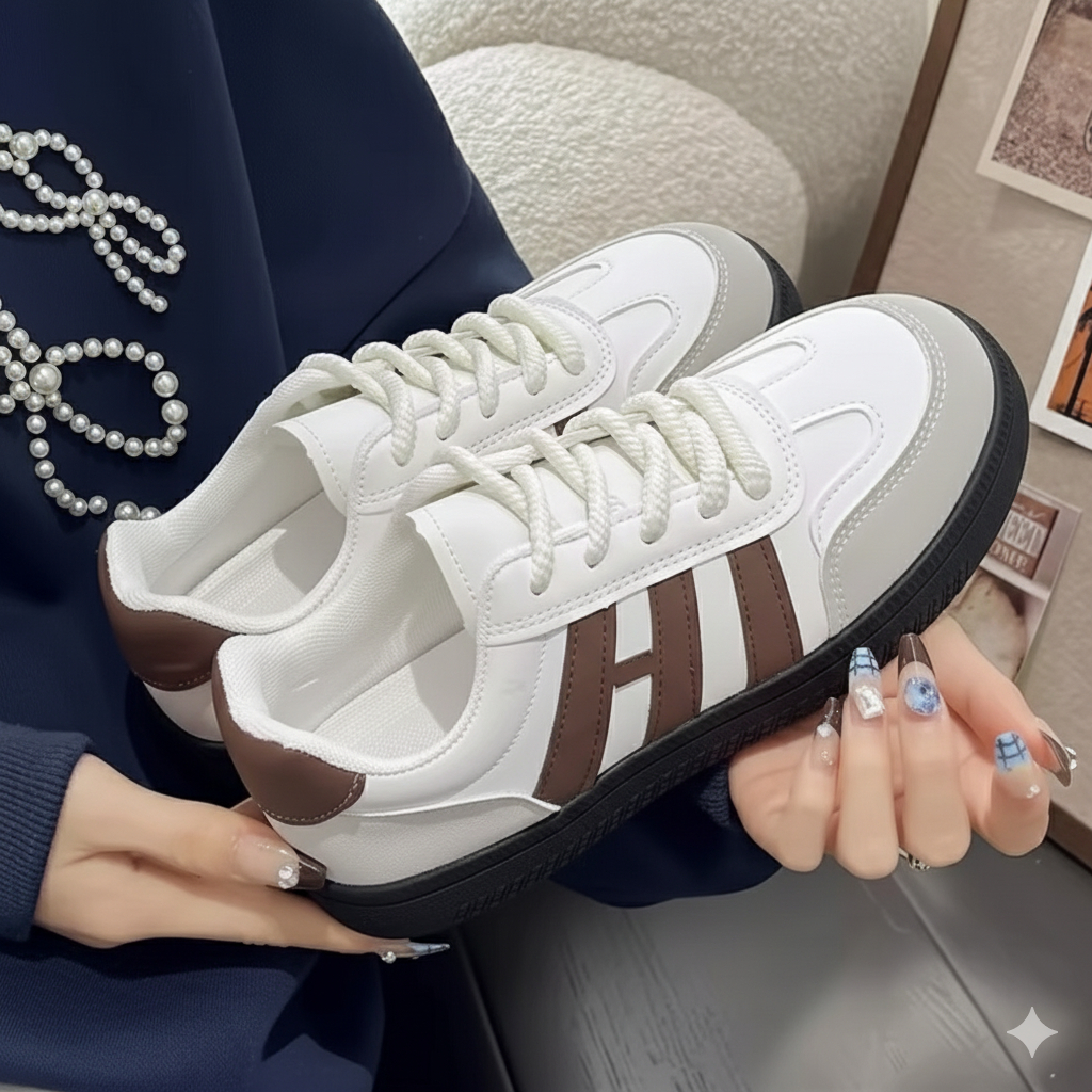 Bilqis shoes - Sepatu Sneaker Wanita Korea HI Sporty Casual - Putih Coklat / Putih Biru (Size 37-40)