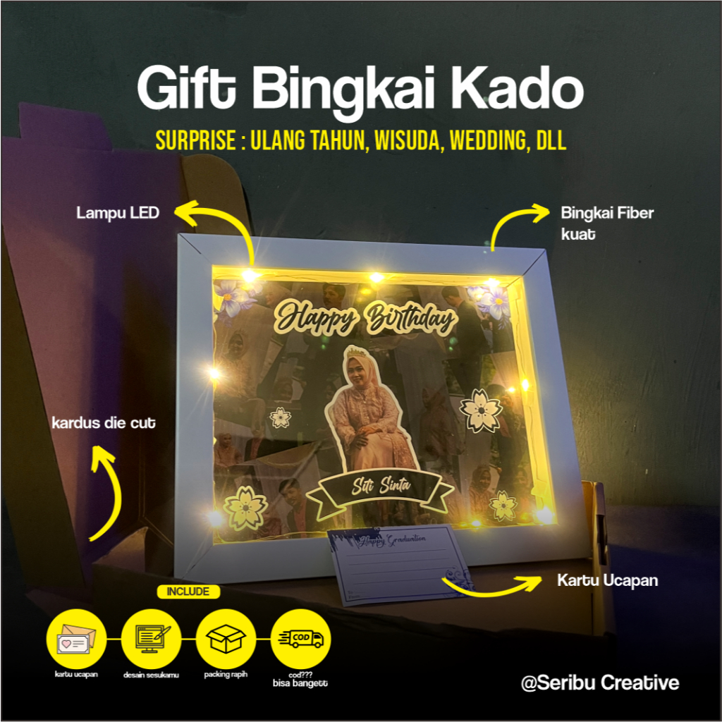 SERIBU CREATIVE | FLOWER IN FRAME + LAMPU | BINGKAI 3D | KADO | KADO UNIK | KADO ULANG TAHUN WISUDA 