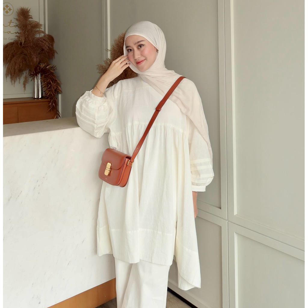 AYNE Jennaira Tunik Baju Muslim Wanita Modern Bahan Katun Linen Premium Oversize Warna Off White