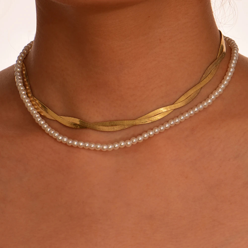 Original titanium paduan kalung imitasi mutiara set rantai leher lapisan ganda