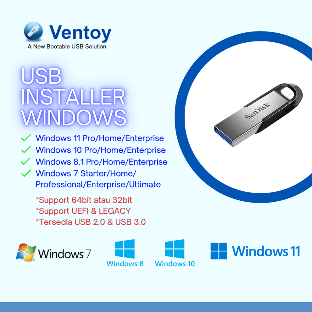 Flashdisk USB Installer Windows 10 11 8.1 7 32GB Ventoy