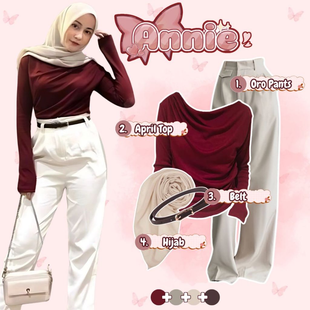 Setelan Hijab Wanita (April Top,Oro Pants,Hijab,Belt Coklat) Outfit Minimalis Ngafe & Hangout – AR18