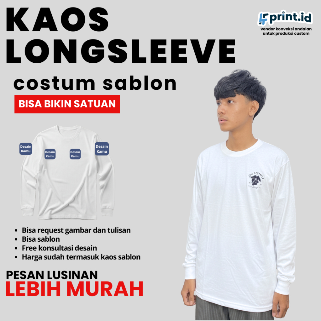 KAOS LENGAN PANJANG CUSTOM SABLON  SATUAN FOTO LOGO TULISAN | KAOS CUSTOM PRINT DTG | SABLON POLYFLE