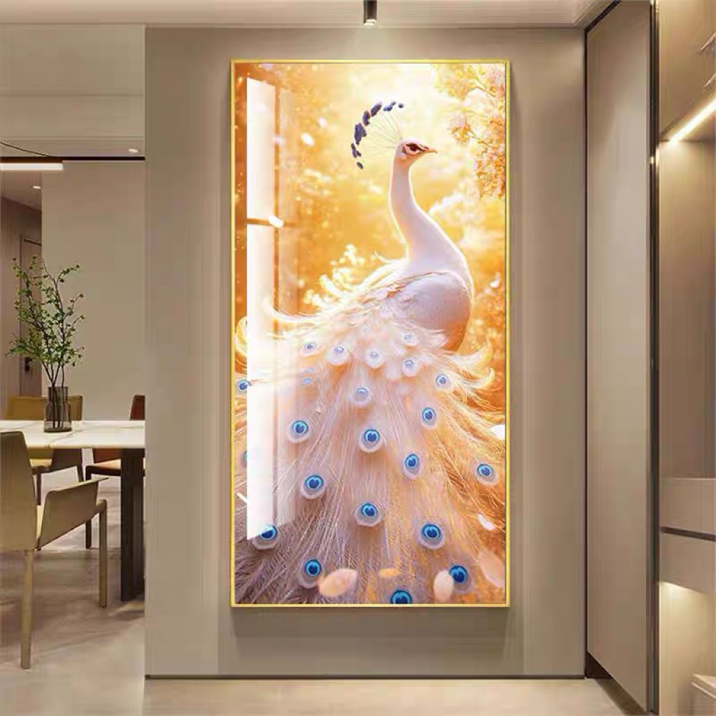 KOKOPAINTING Lukisan Porcelain Diamond 5D Kristal Motif Burung Merak Putih / Lukisan Burung Merak Pu