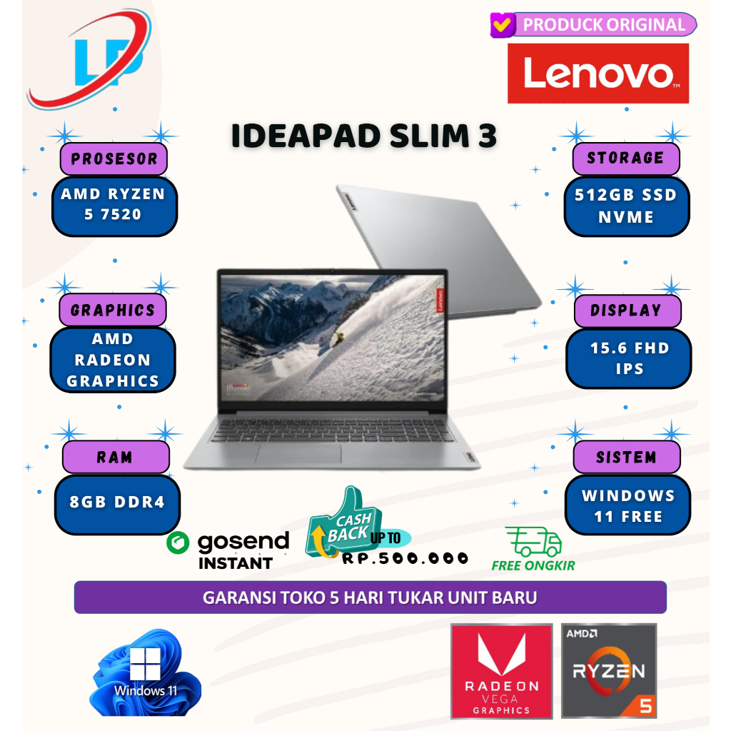 Lenovo Ideapad Slim 3 15 Ryzen 5 7520 8gb 512gb 15.6 fhd ips