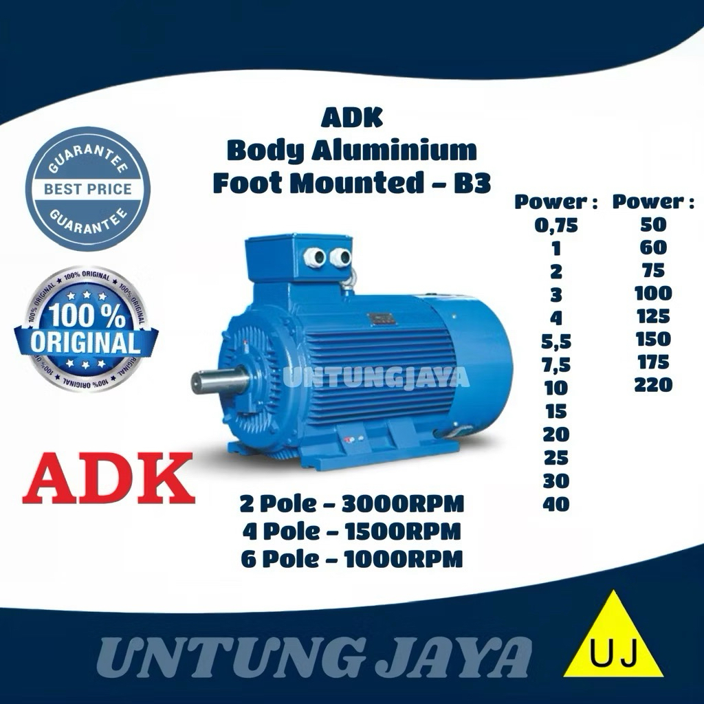 DINAMO ELEKTRO MOTOR ADK ALUMINIUM 3 PHASE 1/2 HP 4 POLE 1500 RPM // ELECTRO MOTOR ADK ALUMINIUM 3PH