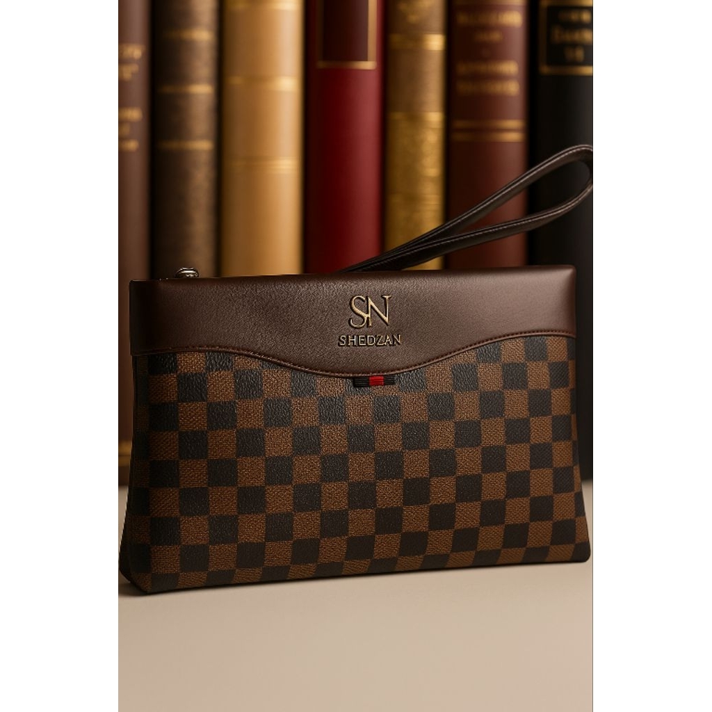 Original` Handbag Pu Leather Netherland Ribbon Motif Kotak-Kotak / Coklat / Clutch Bag Tas Tangan