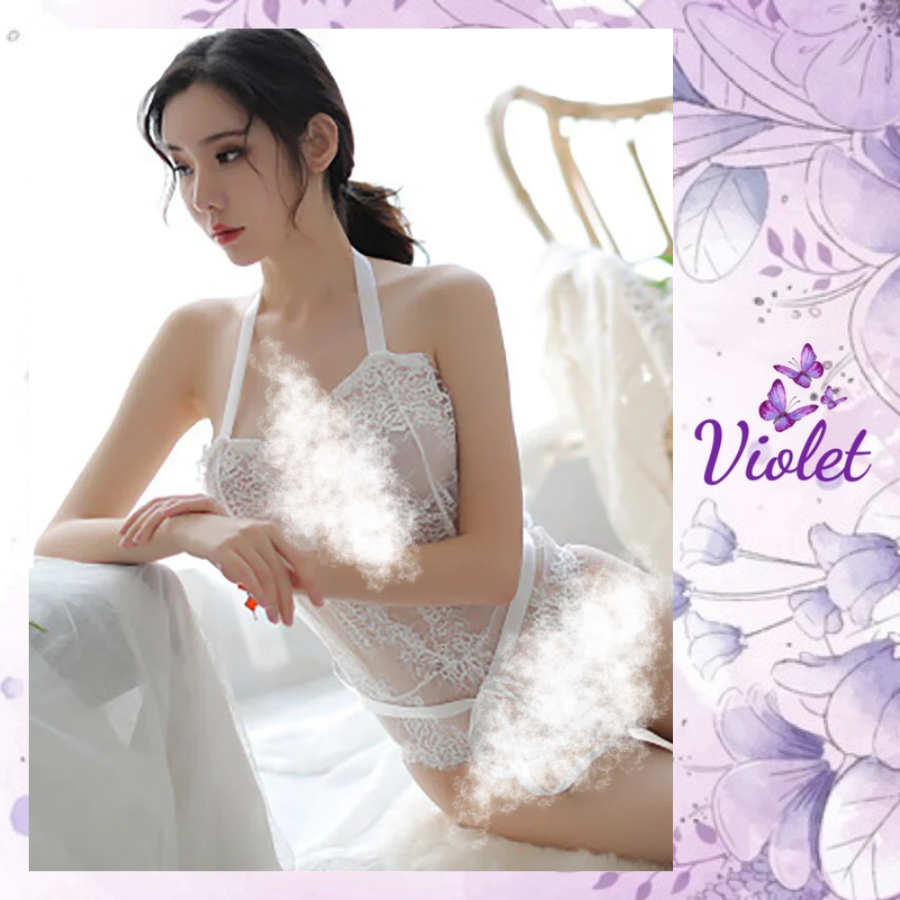 Violet Lingerie Jumpsuit Seksi Renda Transparan With Waist Strap Elegan Menggoda 1049