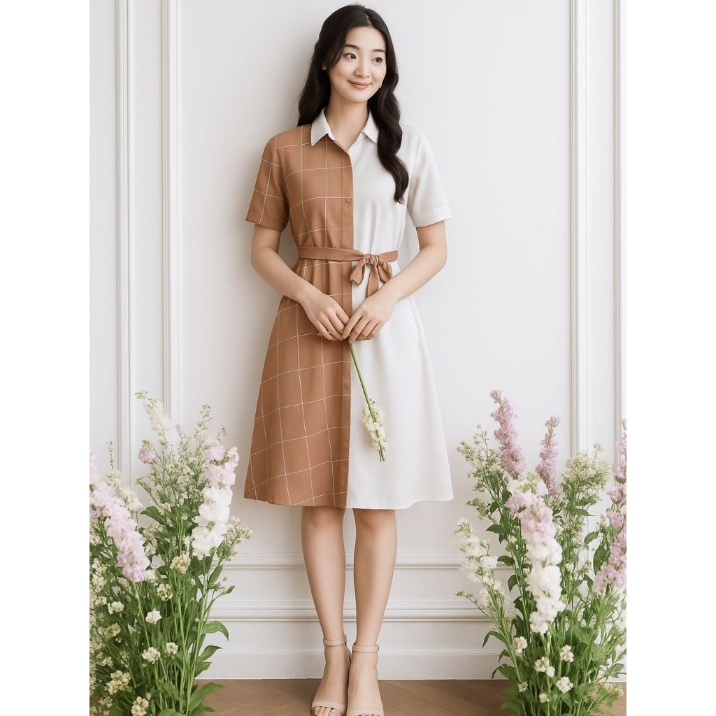 Gaun Wanita Simple Casual Terbaru Baju Outfit Ke Gereja Dress Kantor Formal Twotone Kaori Ms